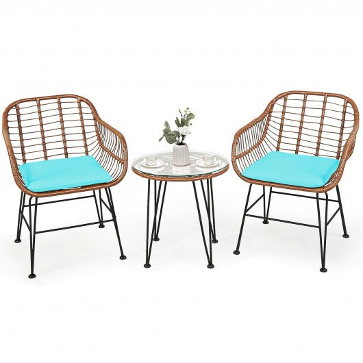 3 Pcs Patio Rattan Bistro Set with Cushion-Turquoise