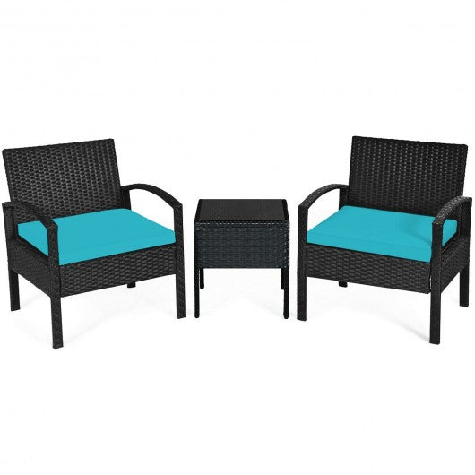 3 Pieces Outdoor Rattan Patio Conversation Set with Seat Cushions-Turquoise