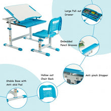 Load image into Gallery viewer, Kids Height Adjustable Desk and Chair Set with Tilted Tabletop and Drawer-Blue
