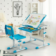 Load image into Gallery viewer, Kids Height Adjustable Desk and Chair Set with Tilted Tabletop and Drawer-Blue
