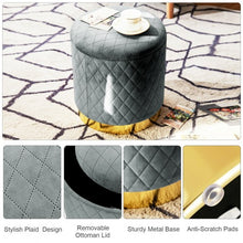 Load image into Gallery viewer, Round Storage Ottoman with Exquisite Pattern and Golden Metal Base for Bedroom
