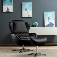 Load image into Gallery viewer, Swivel Top Grain Leather Lounge Armchair Rocking Chair with Ottoman-Black
