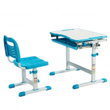 Load image into Gallery viewer, Kids Height Adjustable Desk and Chair Set with Tilted Tabletop and Drawer-Blue
