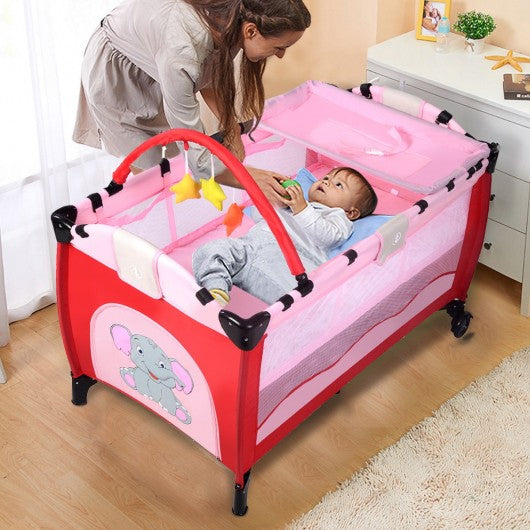 Baby Crib Playpen Playard Pack Travel Infant Bassinet Bed Foldable 4 color-pink