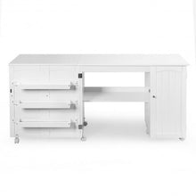 Load image into Gallery viewer, Folding Sewing Table Shelves Storage Cabinet Craft Cart with Wheels-White
