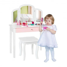 Load image into Gallery viewer, Kids Princess Make Up Dressing Table with Tri-folding Mirror &amp; Chair-White
