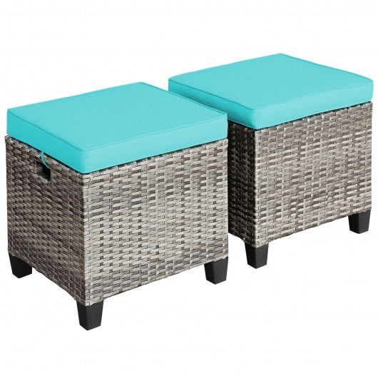 2PCS Patio Rattan Wicker Ottoman Seat with Removable Cushions Without Blower-Turquoise