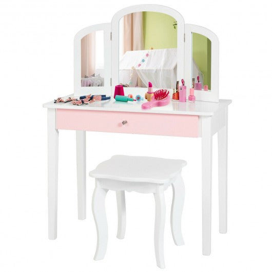 Kids Princess Make Up Dressing Table with Tri-folding Mirror & Chair-White