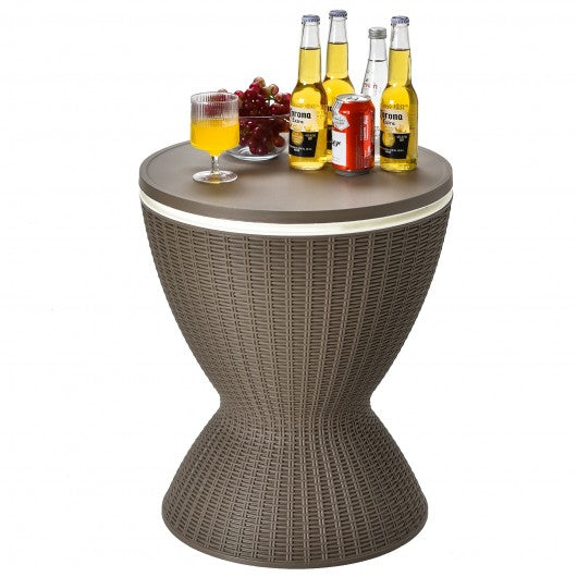 3 in 1 8 Gallon Patio Rattan Cooler Bar Table with Adjust Ice Bucket-Brown