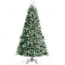 Load image into Gallery viewer, 8 ft Snow Flocked Hinged Christmas Tree with 1651 Branch Tips and Pine Cones
