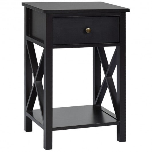 Bedside Storage Nightstand with Drawer and Bottom Shelf-Brown