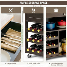 Load image into Gallery viewer, Kitchen Cart with Rubber Wood Top 3 Tier Wine Racks 2 Cabinets-Brown
