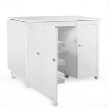 Load image into Gallery viewer, Folding Sewing Table Shelves Storage Cabinet Craft Cart with Wheels-White
