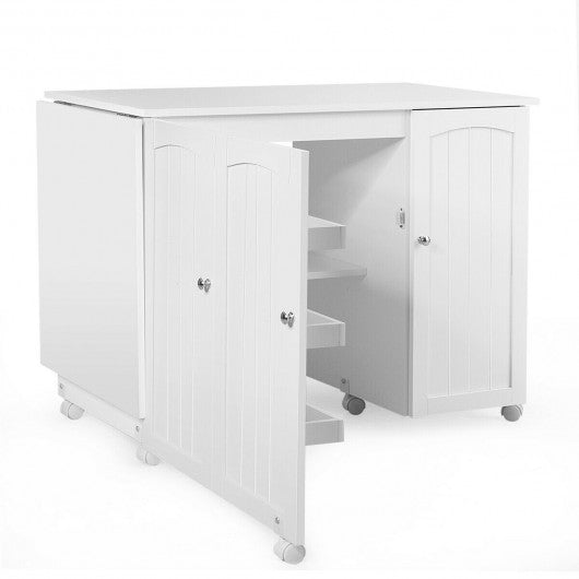 Folding Sewing Table Shelves Storage Cabinet Craft Cart with Wheels-White