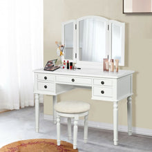 Load image into Gallery viewer, Tri-Fold Mirror Table Stool Wooden Vanity Make Up Dressing Set-White
