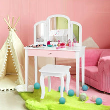 Load image into Gallery viewer, Kids Princess Make Up Dressing Table with Tri-folding Mirror &amp; Chair-White
