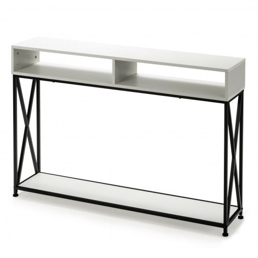 Console Table with Open Shelf and Storage Compartments Steel Frame-White