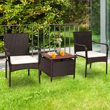 Load image into Gallery viewer, 3 PCS Patio Rattan Furniture Bistro Set with Wood Side Table and Stackable Chair
