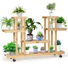 Load image into Gallery viewer, 4-Tier Wood Casters Rolling Shelf Plant Stand-Natural
