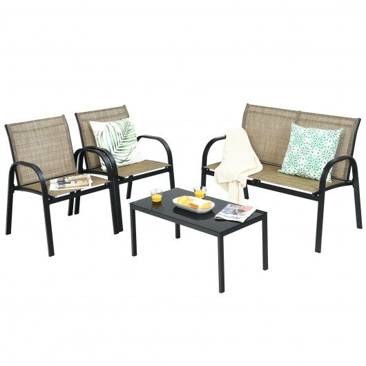 4 pcs Patio Furniture Set with Glass Top Coffee Table-Brown