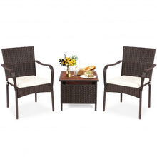 Load image into Gallery viewer, 3 PCS Patio Rattan Furniture Bistro Set with Wood Side Table and Stackable Chair
