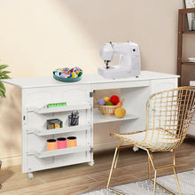 Load image into Gallery viewer, Folding Sewing Table Shelves Storage Cabinet Craft Cart with Wheels-White
