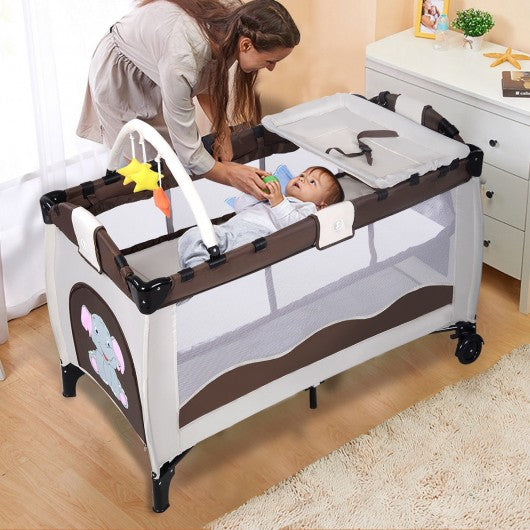 Baby Crib Playpen Playard Pack Travel Infant Bassinet Bed Foldable 4 color-COFFEE