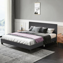 Load image into Gallery viewer, Queen Upholstered Platform Bed Frame with Linen Headboard Wood Slat-Gray
