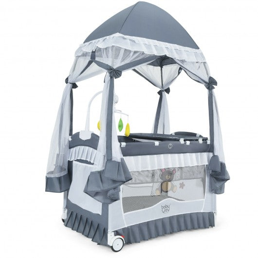 Portable Baby Playpen Crib Cradle with Carring Bag-Gray