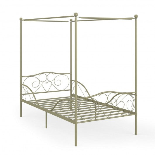 Twin Size Metal Canopy Bed Frame 4 Poster Steel Slats Headboard Footboard-Golden