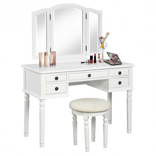 Tri-Fold Mirror Table Stool Wooden Vanity Make Up Dressing Set-White