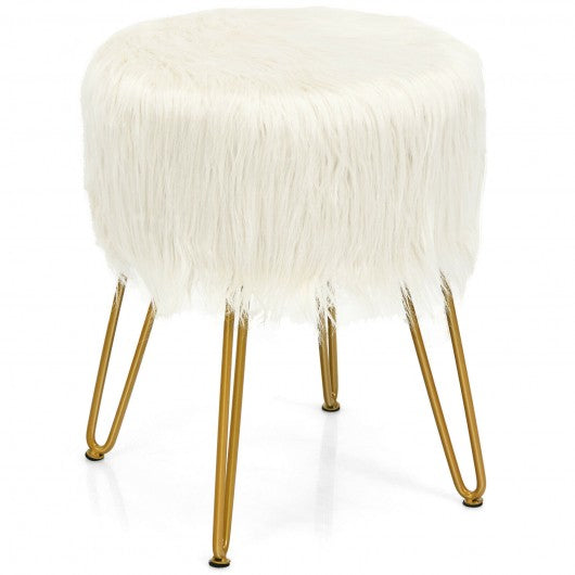 Faux Fur Vanity Chair Makeup Stool Furry Padded Seat Round Ottoman-White