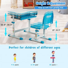 Load image into Gallery viewer, Kids Height Adjustable Desk and Chair Set with Tilted Tabletop and Drawer-Blue
