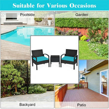 Load image into Gallery viewer, 3 Pieces Outdoor Rattan Patio Conversation Set with Seat Cushions-Turquoise
