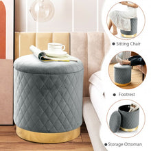 Load image into Gallery viewer, Round Storage Ottoman with Exquisite Pattern and Golden Metal Base for Bedroom
