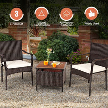 Load image into Gallery viewer, 3 PCS Patio Rattan Furniture Bistro Set with Wood Side Table and Stackable Chair
