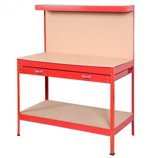 Steel Frame Storage Work Bench with Drawer-Red