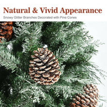 Load image into Gallery viewer, 8 ft Snow Flocked Hinged Christmas Tree with 1651 Branch Tips and Pine Cones
