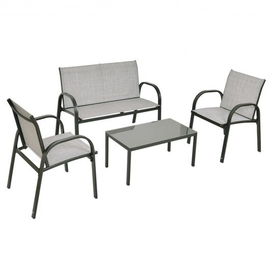 4 pcs Patio Furniture Set with Glass Top Coffee Table-Gray
