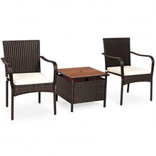 Load image into Gallery viewer, 3 PCS Patio Rattan Furniture Bistro Set with Wood Side Table and Stackable Chair
