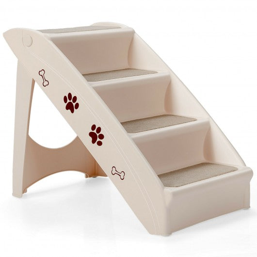 Collapsible Plastic Pet Stairs 4 Step Ladder for Small Dog and Cats-Beige