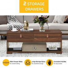 Load image into Gallery viewer, Wood Cocktail Coffee Table with 2 Drawers and Open Storage Shelf-Walnut
