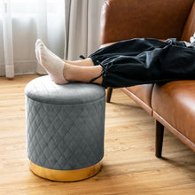 Load image into Gallery viewer, Round Storage Ottoman with Exquisite Pattern and Golden Metal Base for Bedroom
